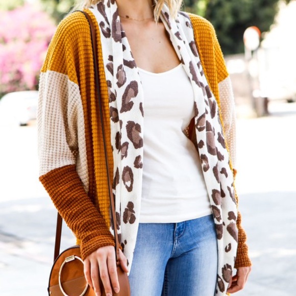 Mustard Leopard Print Color Block Open Front Waffle Cardigan - Picture 4 of 5